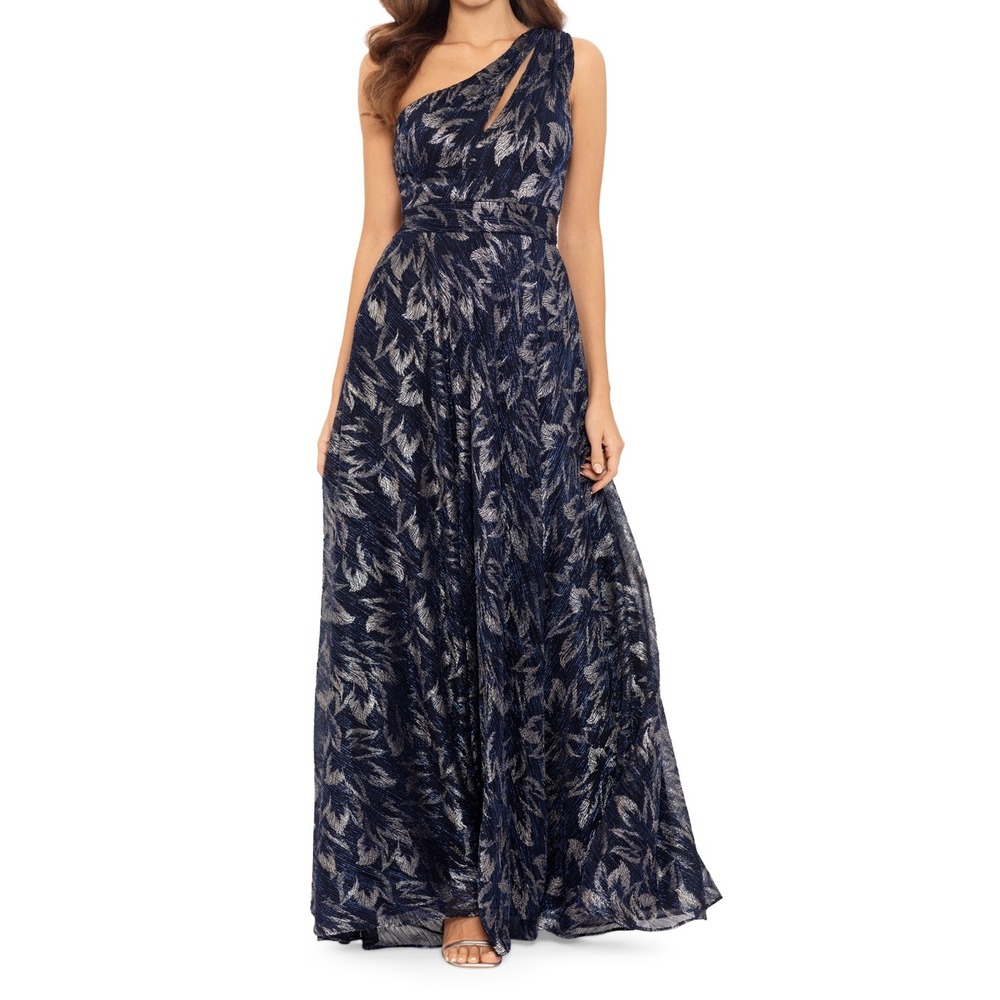 New $289 Betsy & Adam Blue One-Shoulder Metallic Floral Gown Dress Womens Size 2